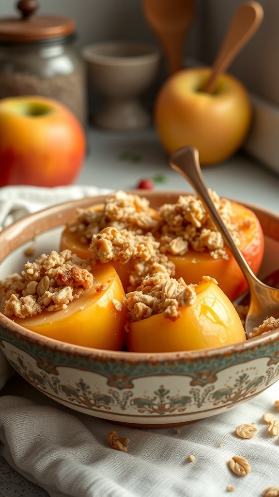 Low-calorie apple crumble with baked apples and oat topping in a rustic bowl.